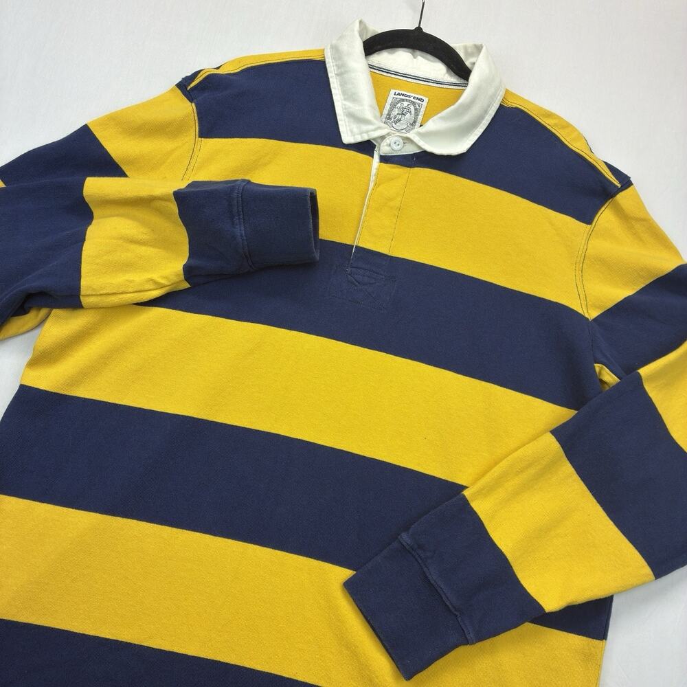 Lands’ End Rugby Shirt Men’s XL Vintage Yellow Navy Striped Long Sleeve Polo